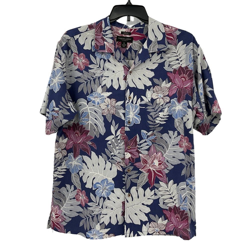 PRONTO UOMO Mens Large Floral 70% SILK Button Up CLASSIC Fit Short Sleeve‎ (Z77)